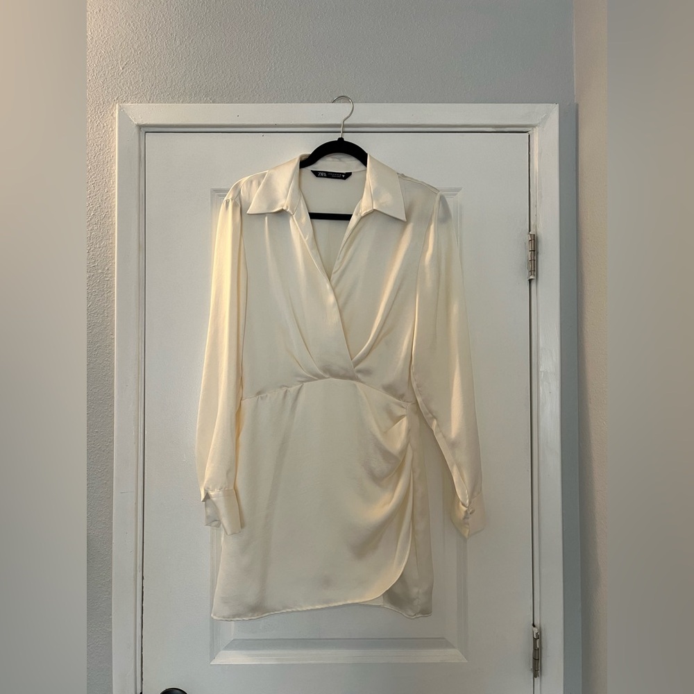 Zara Cream Satin Wrap Long-Sleeve Dress